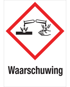 Sticker met pictogram "Bijtende Stoffen" en signaalwoord "Waarschuwing" - GHS 05