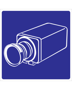 Blauwe sticker met pictogram voor aanduiden van camerabewaking