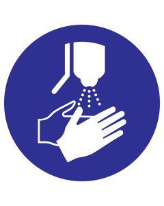 Blauwe sticker met pictogram handen ontsmetten verplicht