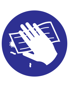 Blauwe sticker met pictogram oppervlak ontsmetten