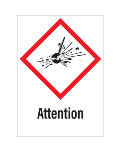 Sticker met pictogram "Explosieve Stoffen" en signaalwoord "Attention" - GHS 01