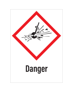 Sticker met pictogram "Explosieve Stoffen" en signaalwoord "Danger" - GHS 01