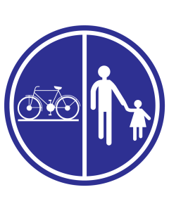 Blauwe sticker met pictogram om aan te duiden dat fietsers en voetgangers toegestaan zijn
