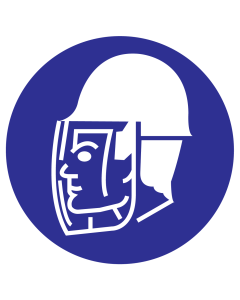 Blauwe sticker met pictogram om aan te duiden dat gelaatsbescherming verplicht is