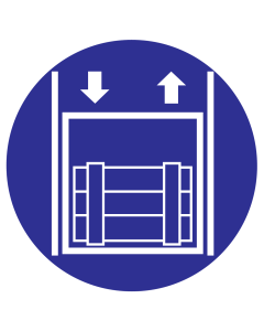 Blauwe sticker met pictogram om een goederenlift aan te duiden