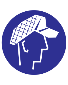 Blauwe sticker met pictogram om aan te duiden dat een haarnet voor heren verplicht is