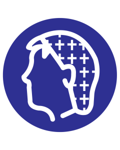 Blauwe sticker met pictogram om aan te duiden dat het dragen van een haarnet verplicht is