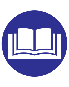 Blauwe sticker met pictogram om aan te duiden dat het raadplegen van de handleiding verplicht is