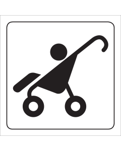 Witte sticker met pictogram van een buggy voor het aanduiden van een stalling voor kinderwagens