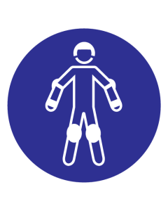 Blauwe sticker met pictogram om aan te duiden dat bescherming verplicht is bij rollersport