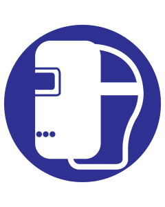 Blauwe sticker met pictogram om aan te duiden dat een laskap verplicht is - ISO7010 - M019
