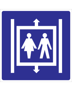 Blauwe sticker met pictogram voor aanduiding van een personenlift
