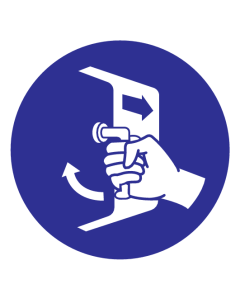 Blauwe sticker met pictogram om aan te duiden dat de luiken gesloten en beveiligd moeten worden