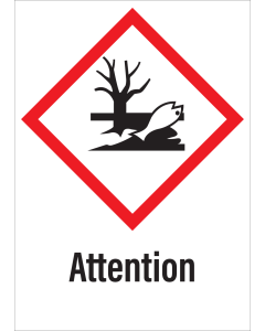 Sticker met pictogram "Schadelijk voor milieu" en signaalwoord "Attention" - GHS 09