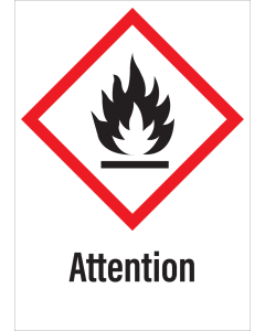 Sticker met pictogram "Ontvlambare Stoffen" en signaalwoord "Attention" - GHS 02