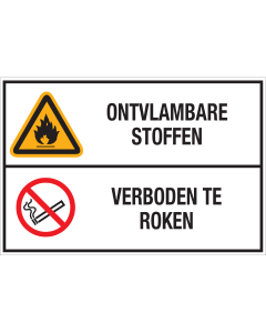 Sticker met pictogram en tekst: "Ontvlambare Stoffen - Verboden te Roken" - ISO 7010 - W021, P002