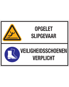 Sticker met pictogram en tekst: "Opgelet Slipgevaar - Veiligheidsschoenen Verplicht" - ISO 7010 - W011, M008