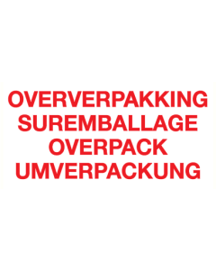 Sticker met tekst Oververpakking, suremballage, overpack, umverpackung