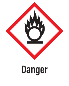 Sticker met pictogram "Oxiderende Stoffen" en signaalwoord "Danger" - GHS 03