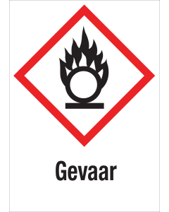Sticker met pictogram "Oxiderende Stoffen" en signaalwoord "Gevaar" - GHS 03