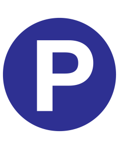 Blauwe sticker met een P om een parkeerplaats aan te duiden