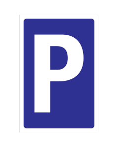 Blauwe sticker met een P om een parkeerplaats aan te duiden