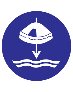 Blauwe sticker met pictogram om aan te duiden dat het reddingsvlot laten zakken