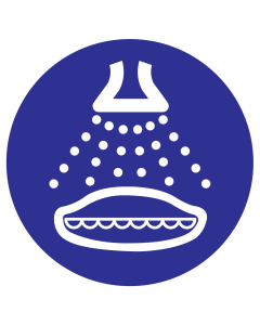 Blauwe sticker met pictogram om aan te duiden dat sproeien bij lancering verplicht is