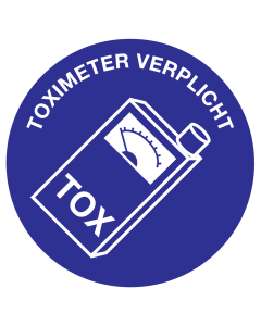 Blauwe sticker met pictogram en tekst om aan te duiden dat het gebruik van een toximeter verplicht is