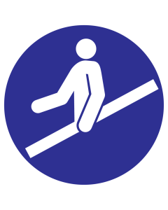 Blauwe sticker met pictogram om aan te duiden dat het gebruik van de trapleuning verplicht is - ISO7010 - M012