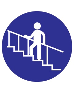 Blauwe sticker met pictogram om aan te duiden dat de trapleuning gebruiken verplicht is