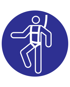Blauwe sticker met pictogram om aan te duiden dat het dragen van een veiligheidsharnas verplicht is - ISO7010 - M018