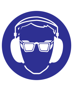 Blauwe sticker met pictogram om aan te duiden dat gehoor en oogbescherming verplicht is
