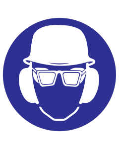Blauwe sticker met pictogram om aan te duiden, gehoorbescherming, oogbescherming en een helm verplicht is