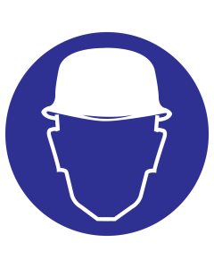Blauwe sticker met pictogram om aan te duiden dat een veiligheidshelm verplicht is