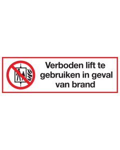Sticker met pictogram en tekst Verboden lift te gebruiken in geval van brand