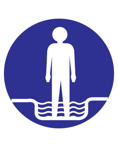 Blauwe sticker met pictogram om aan te duiden dat het gebruik van het voetenbad verplicht is