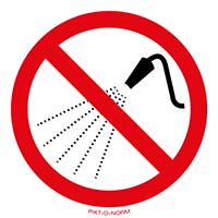 Pictogram met water sproeien verboden volgens ISO 7010