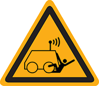 Pictogram waarschuwing overrijden door afstand bestuurbare machine volgens ISO 7010